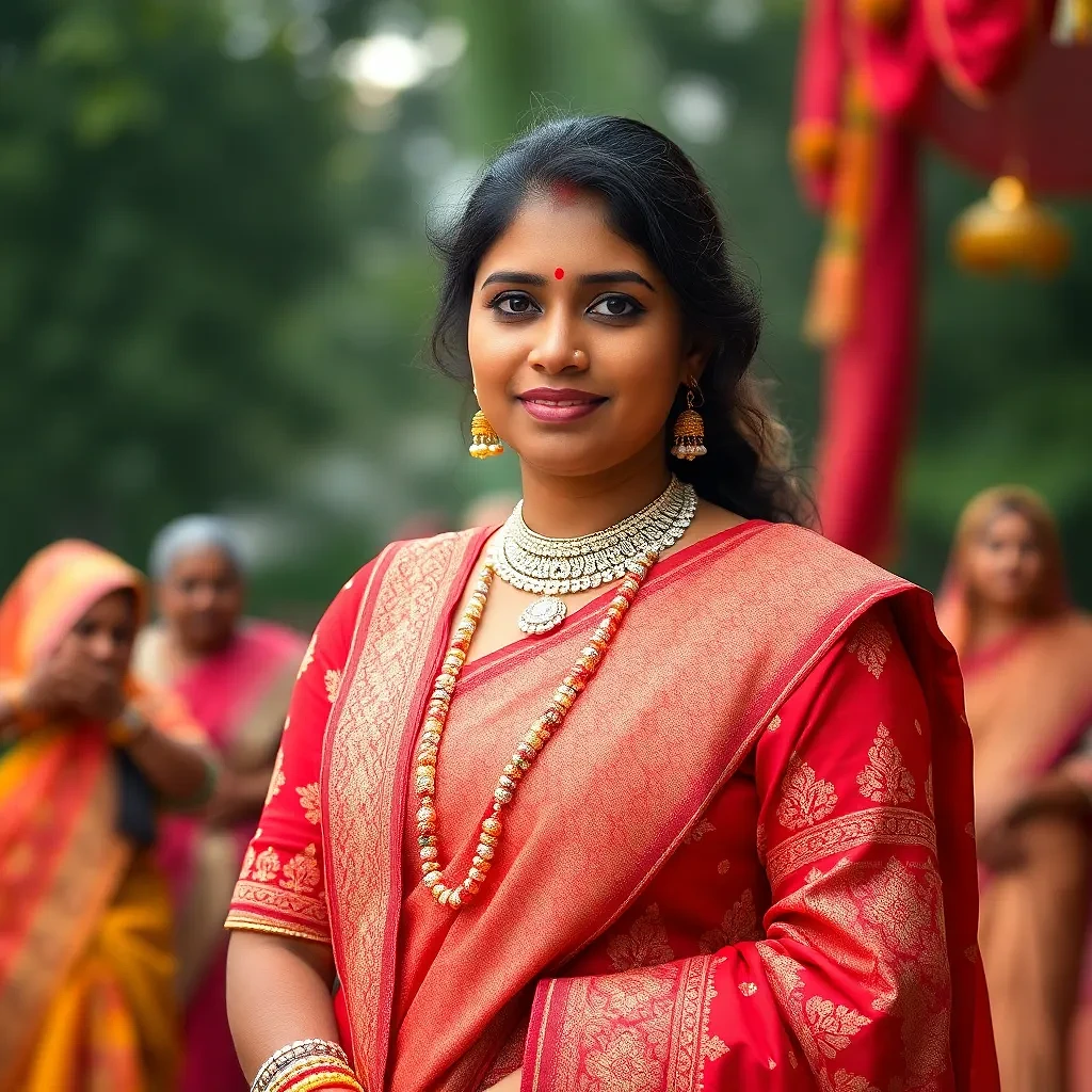 Indian woman with round face, 30 years old, light brown skin, dark brown hair, brown eyes, wearing Glorious clothes in her marriage ceremony and greeting gests, full body