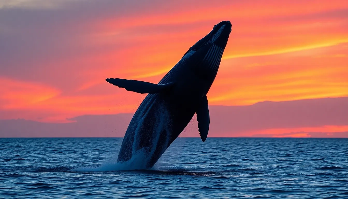 “Pair of humpback whales breaching in sync against fiery sunset, crimson sky reflecting on calm Pacific, wide 16 mm perspective, photographic, panoramic view”