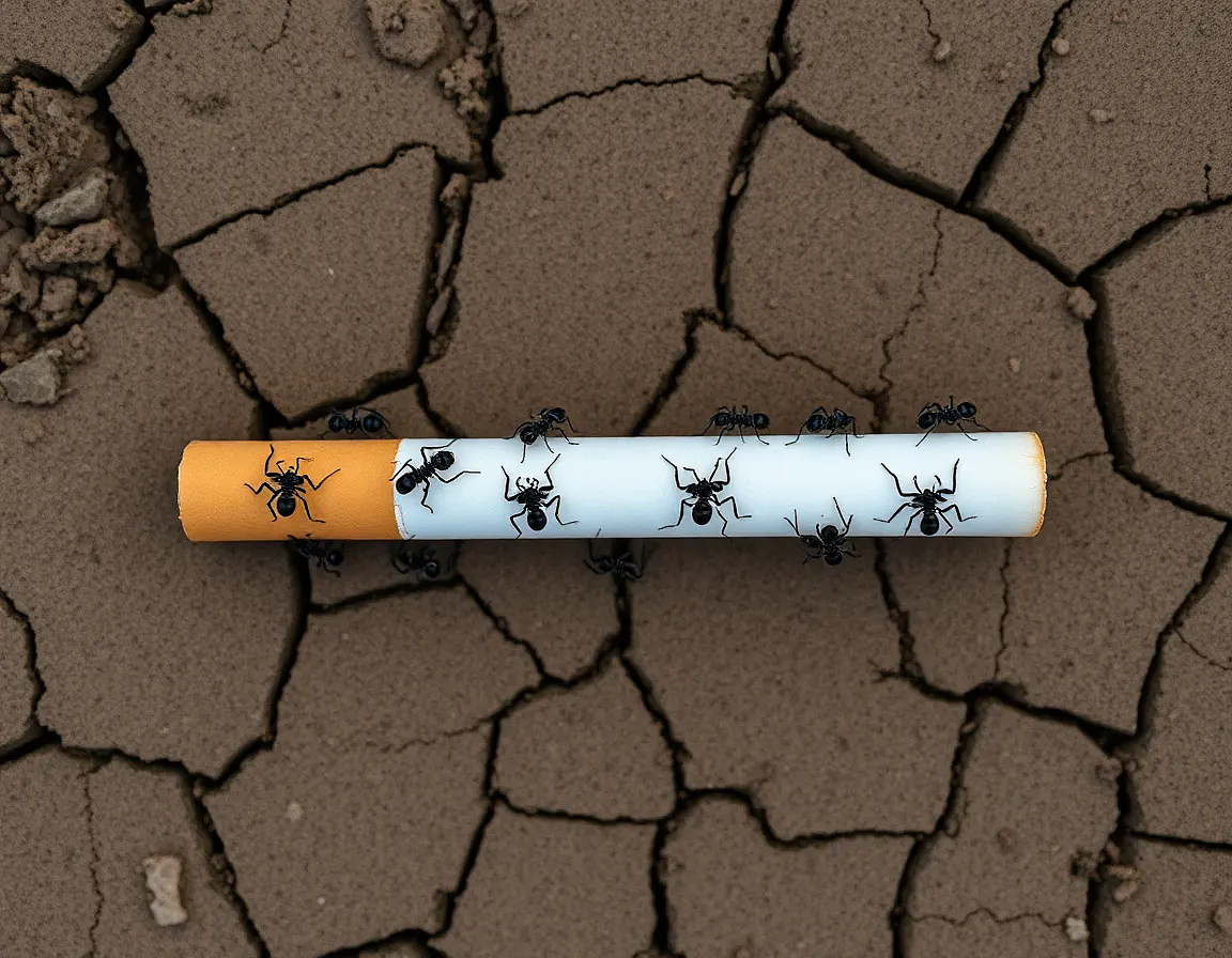 Top-down macro photograph of a full, unbroken cigarette lying on cracked dry earth, held up horizontally by two perfectly organized rows of realistic black ants, each ant gripping the cigarette with legs, clear sense of teamwork and coordination, detailed textures on cigarette and ants, full object centered in frame, natural lighting, realistic shadows