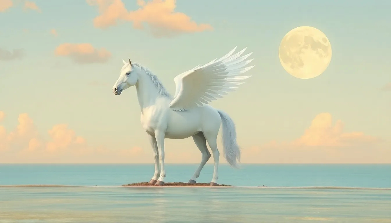 A majestic white pegasus, centrally positioned, stands on a tranquil shoreline.  The pegasus is a large, muscular, and elegant creature, with large, detailed, white feathered wings spread wide, and a flowing mane and tail. Its posture is calm and alert, standing with all four hooves firmly planted on the shore's edge,  facing slightly to its left, its head tilted slightly. The environment is a serene coastal scene with a calm, light teal-toned water reflecting the pale sky.  Soft, golden-toned clouds are scattered across a light, teal-toned sky, with a large, prominent pale yellow-white moon positioned high in the upper right quadrant. The lighting suggests a serene sunset or sunrise, with soft, diffused light casting gentle highlights and shadows on the pegasus and the water. The scene has a dreamlike, fantastical quality. The composition is balanced, with the pegasus as the focal point against the backdrop of the sky, clouds, and water.  The colors are pastel and harmonious, evoking a sense of peace and wonder. The overall style is artistic and imaginative, reminiscent of a fantasy painting.