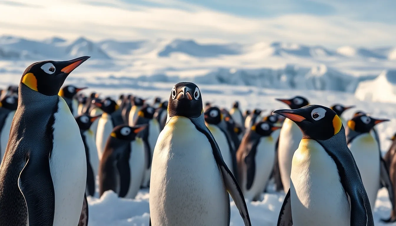“Gentoo penguin colony on icy Antarctic peninsula, endless glacier cliffs stretching across horizon, swirling katabatic snow, photographic, panoramic view”