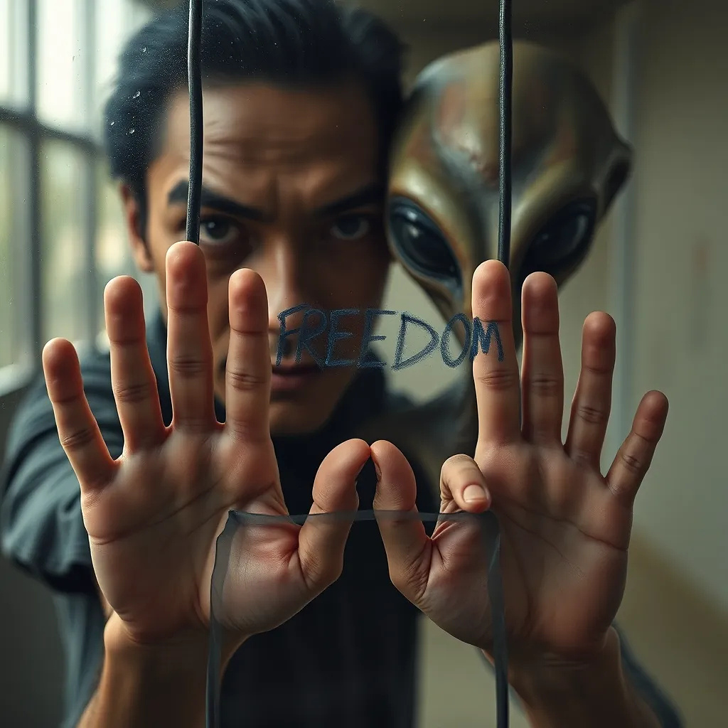 Two hands almost touching through a glass prison wall, one human, one alien, with 'FREEDOM' scratched into the surface.