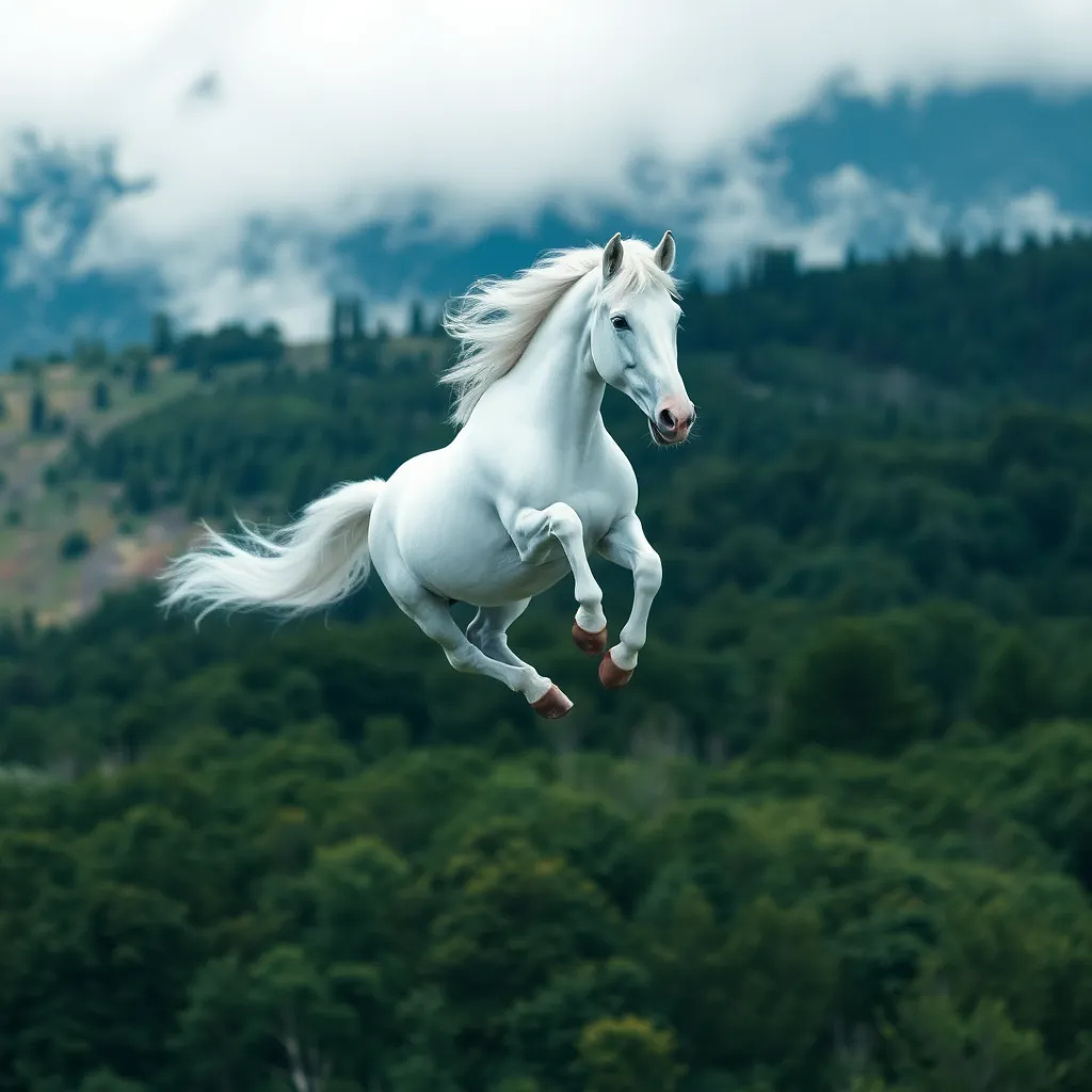 white unicorn flying in above the green forest