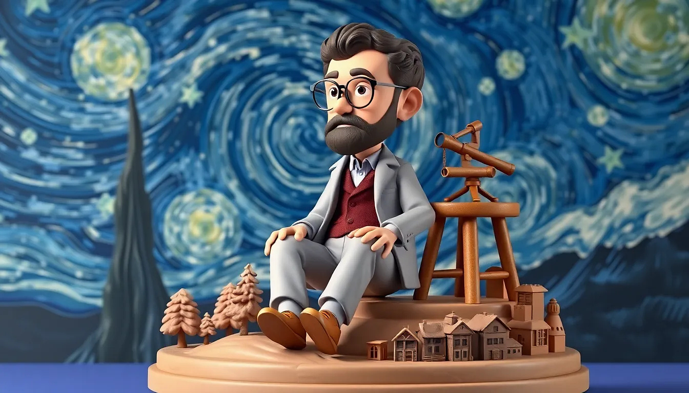 A stylized, cartoonish figure of a man, likely Vincent van Gogh, sits on a small, sculpted platform.  He is middle-aged, light-skinned, and has a thick, dark brown beard and curly dark hair. He wears glasses, a light gray suit jacket, a brown waistcoat, and light gray pants.  He is seated, leaning slightly forward, with his hands resting on his legs. His expression is contemplative and slightly upward-directed, not directly at the viewer. The figure is positioned centrally in the image.  The man's orientation is slightly angled towards the viewer, though not directly facing.  The background evokes Van Gogh's "The Starry Night," with swirling blues and grays, and scattered stars.  A small, dark brown figurine, potentially a telescope or other instrument, sits atop a wooden stool that the man is seated beside, further adding to the theme.  The platform depicting a landscape includes sculpted stylized trees, mountains, and small, architectural elements, creating a miniature city or landscape.  The image is lit from above, casting soft shadows, and has a muted color palette. The style is three-dimensional, cartoonish, and stylized, with a focus on detailed sculpting and textures.  The composition is a detailed, thoughtful portrait in a whimsical artistic setting.