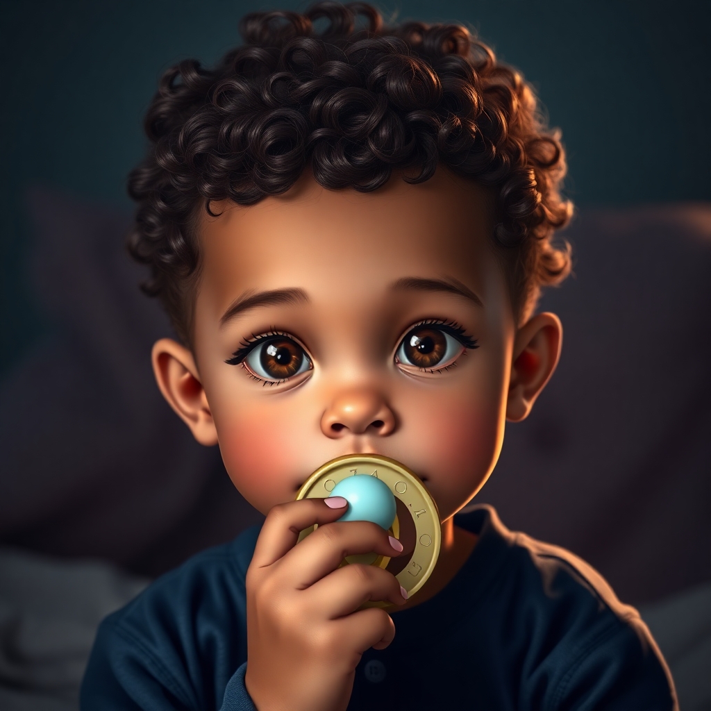 Boy with round face, 1 year old, brown skin, short curly hair, brown eyes, wearing dark blue pajamas, holds a pacifier in his hand