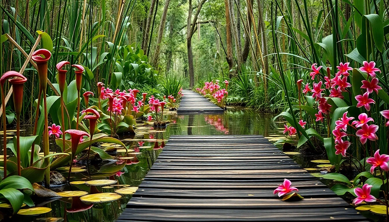 “Bog-garden boardwalk lined with carnivorous pitcher plants, cobra lilies, blooming marsh orchids, and crimson cardinal flowers reflected in still water, low-angle perspective, photographic”