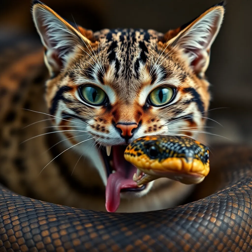 a fatal fight between a cat an strong snake, background: a gargen