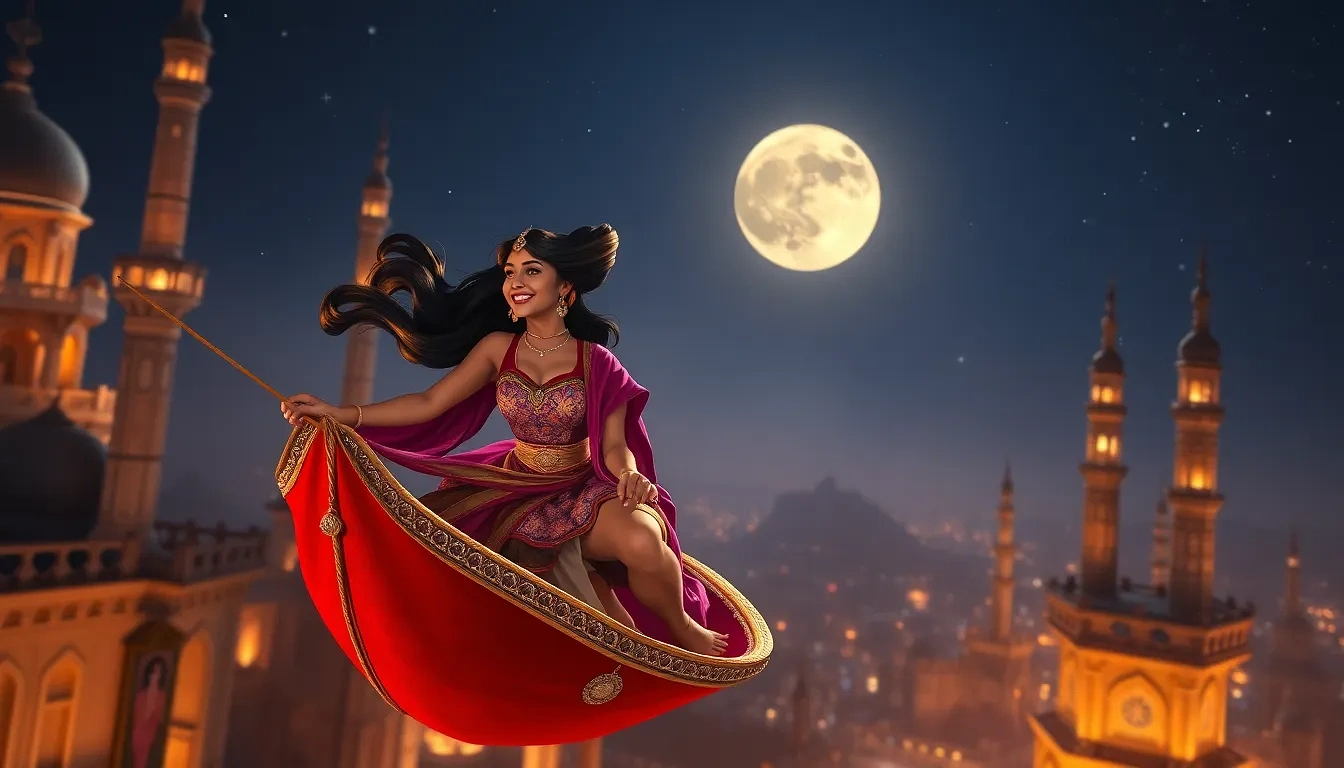 Aerial shot of Aladdin and Jasmine on the magic carpet diving between Agrabah’s moonlit minarets, hair whipping in the wind, sparkling night sky, exhilarated laughter