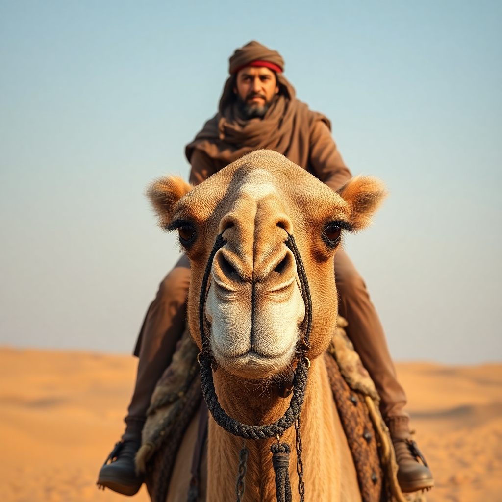 Ancient traveler riding his camel in desert