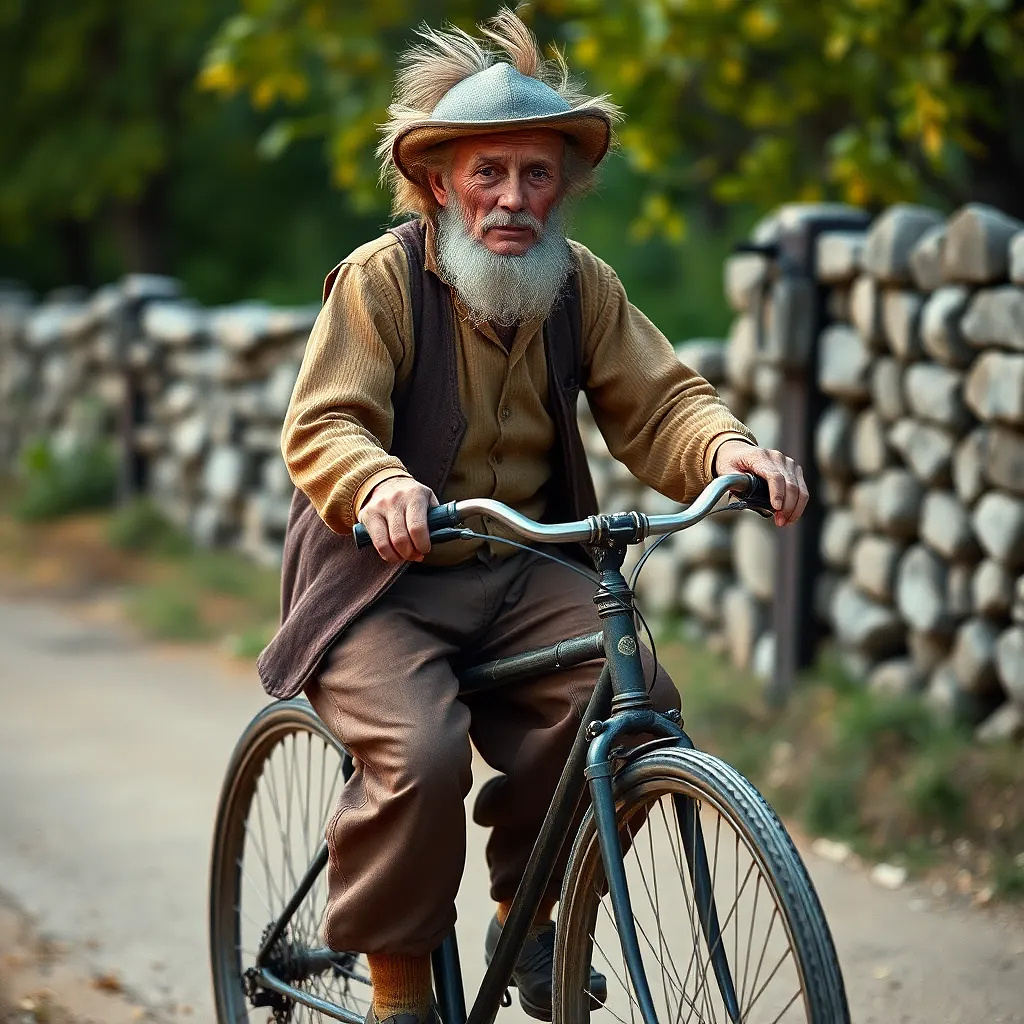 Old man riding ancient bicycle in the year 1775