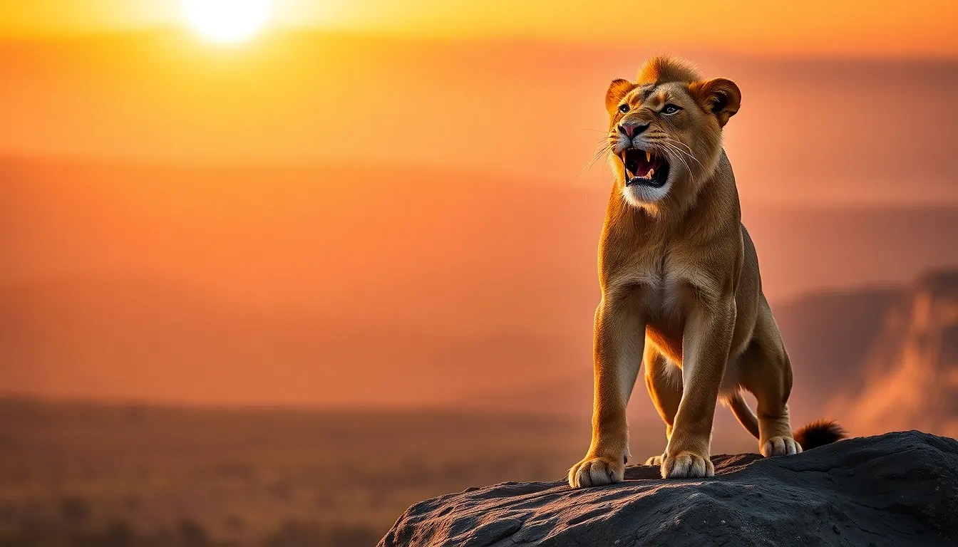“Simba atop Pride Rock at sunrise letting out his first mighty roar, dust swirling from the savanna, golden light rays, proud determination”