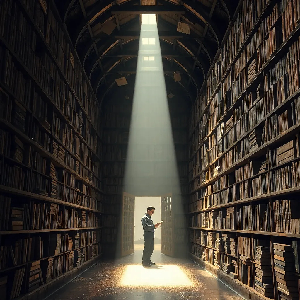 Ancient library with floating books and a beam of light illuminating a single reader, dust motes swirling like gold.