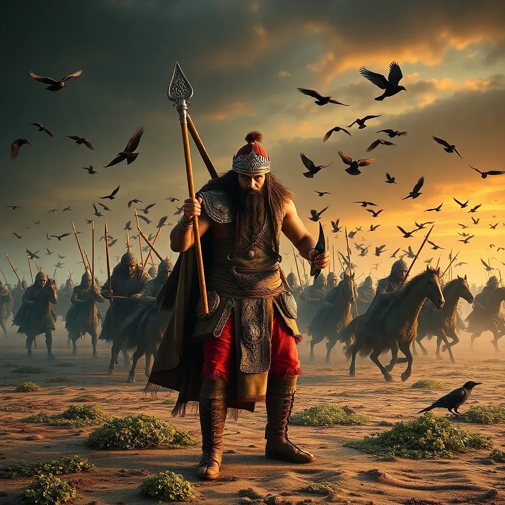 Ancient warrior with his army, fighting ghosts in the beach, crows in the dark sky