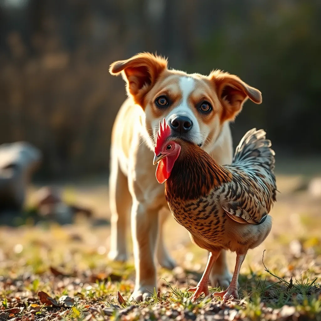 beautiful dog playing with a chicken