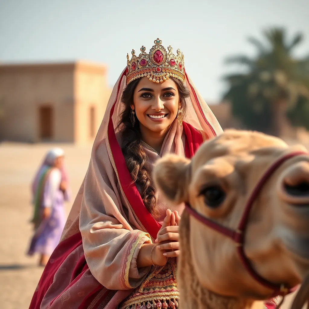 Happy Arabic glorious princess riding a camel in her marriage ceremony. She is smiling and greeting people