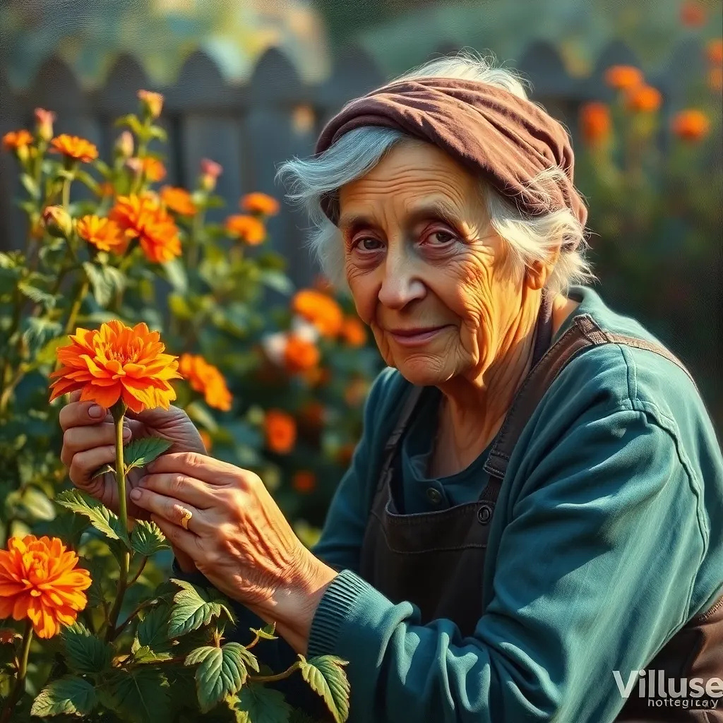 Old woman taking care of flowers in his garden, oil painting