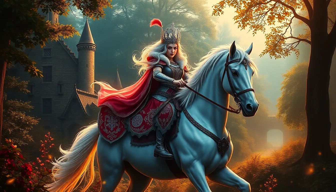 Glorious Princess of Netherlands in full body riding a white horse in the forest, background: the castle, the garden