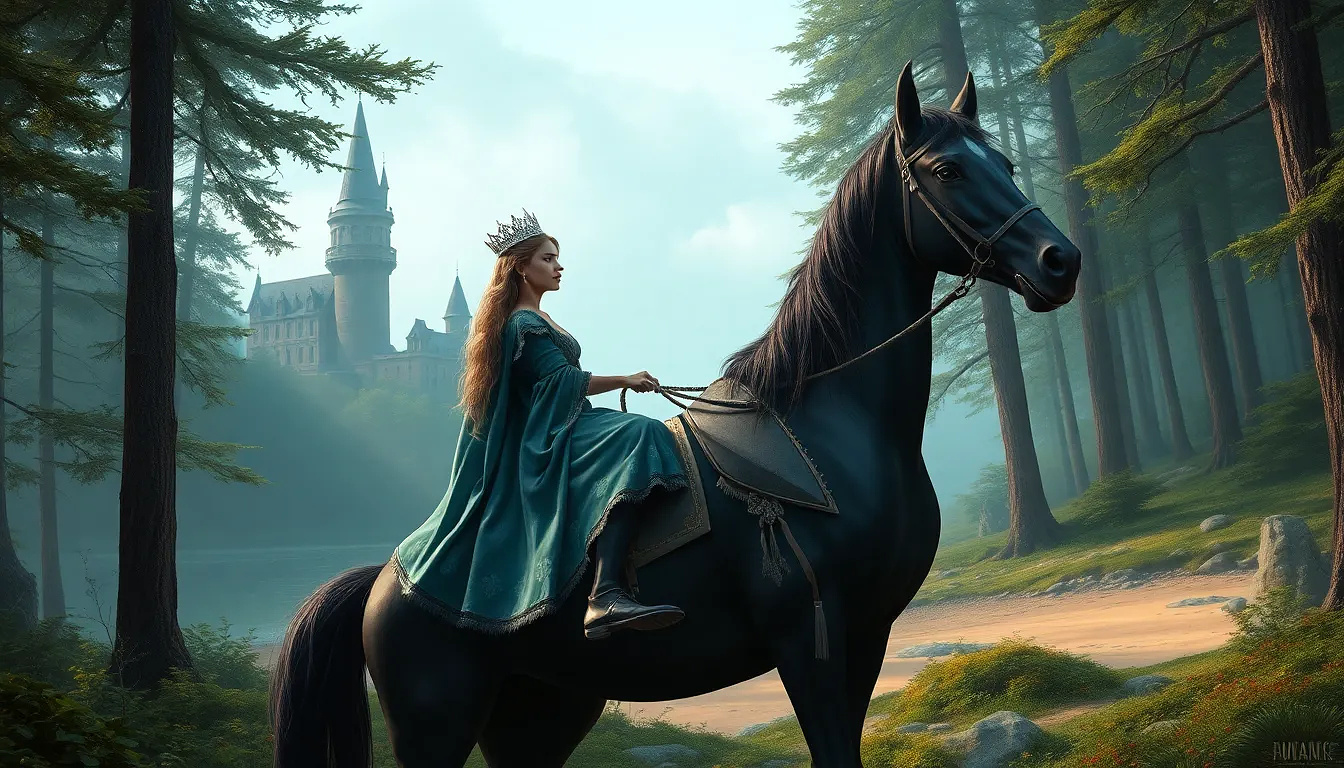 Princess of Sweden in full body riding a black horse in the forest, background: the castle, the beach