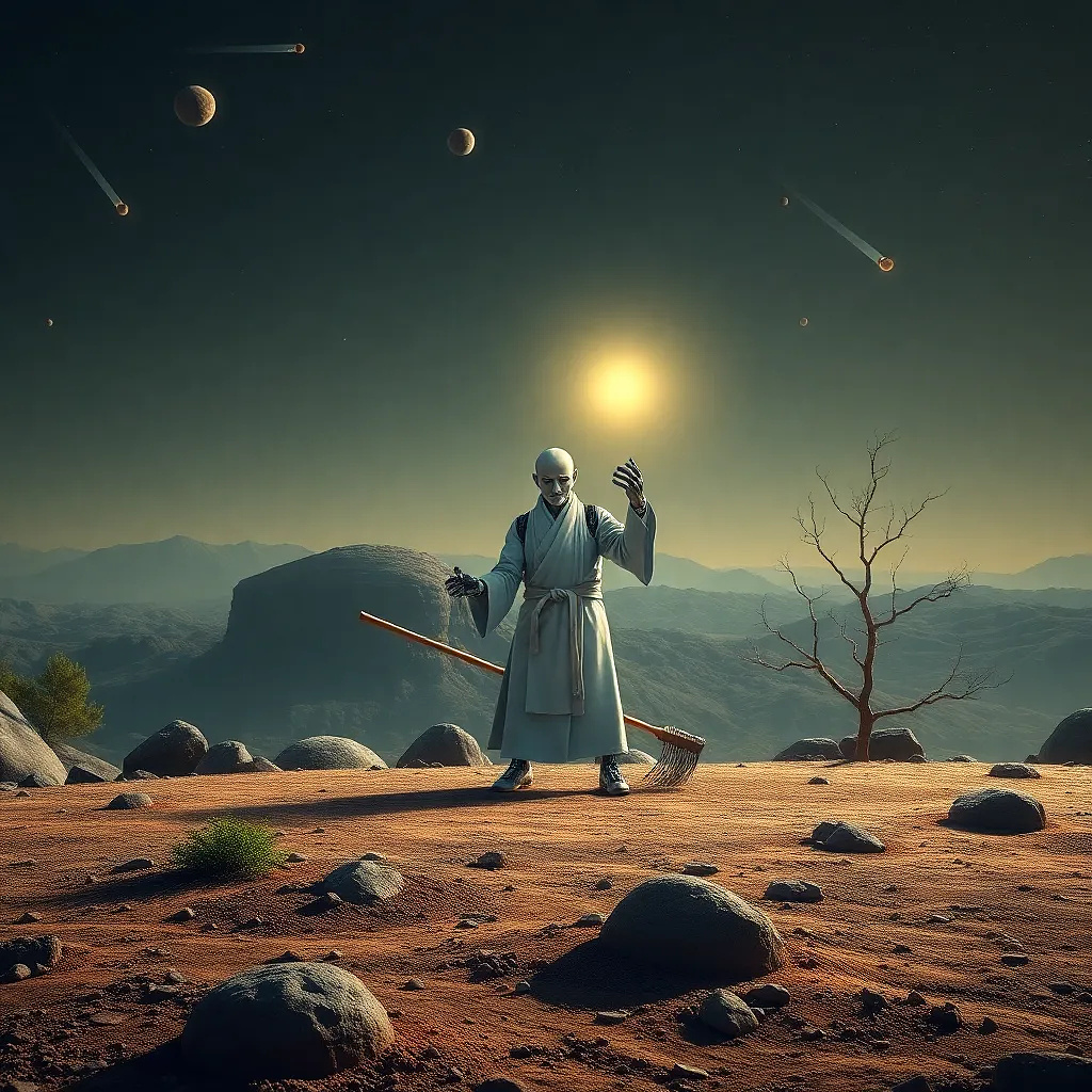 A minimalist zen garden on a rogue asteroid, raked by a robot monk as comets streak past in silent reverence.