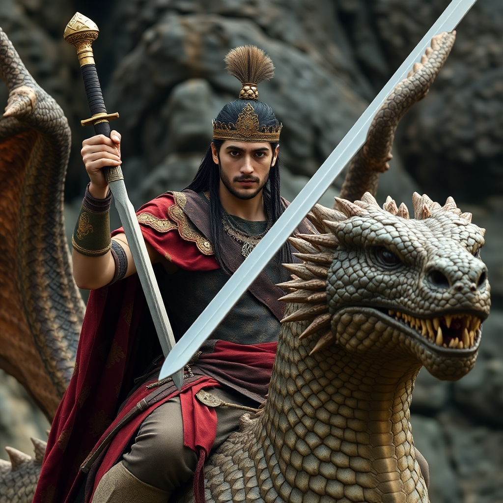 Ancient prince holding a sword and riding dragon, ultra realistic, medium shot