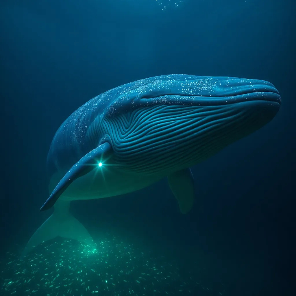 A giant blue whale emerging from the deep, bioluminescent plankton glowing around it.