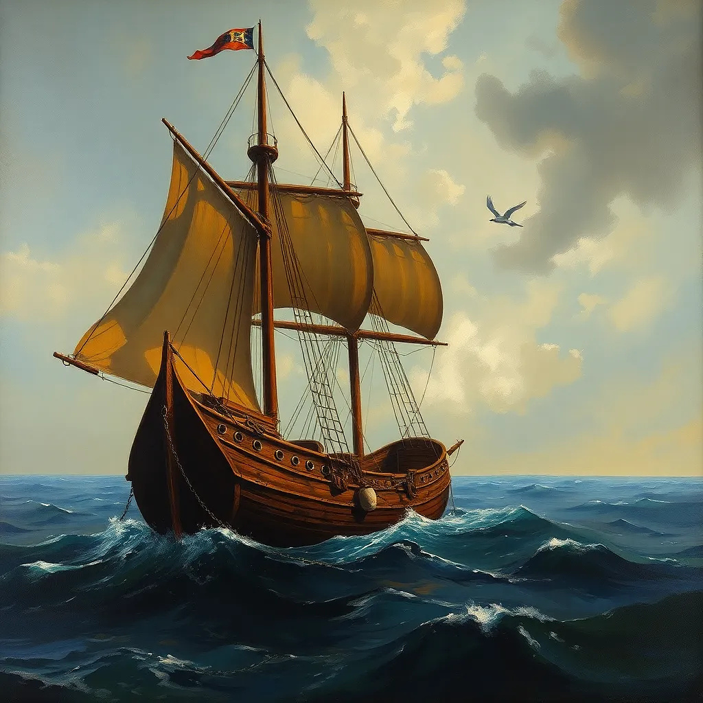 Ancient commercial ship in the sea, oil painting