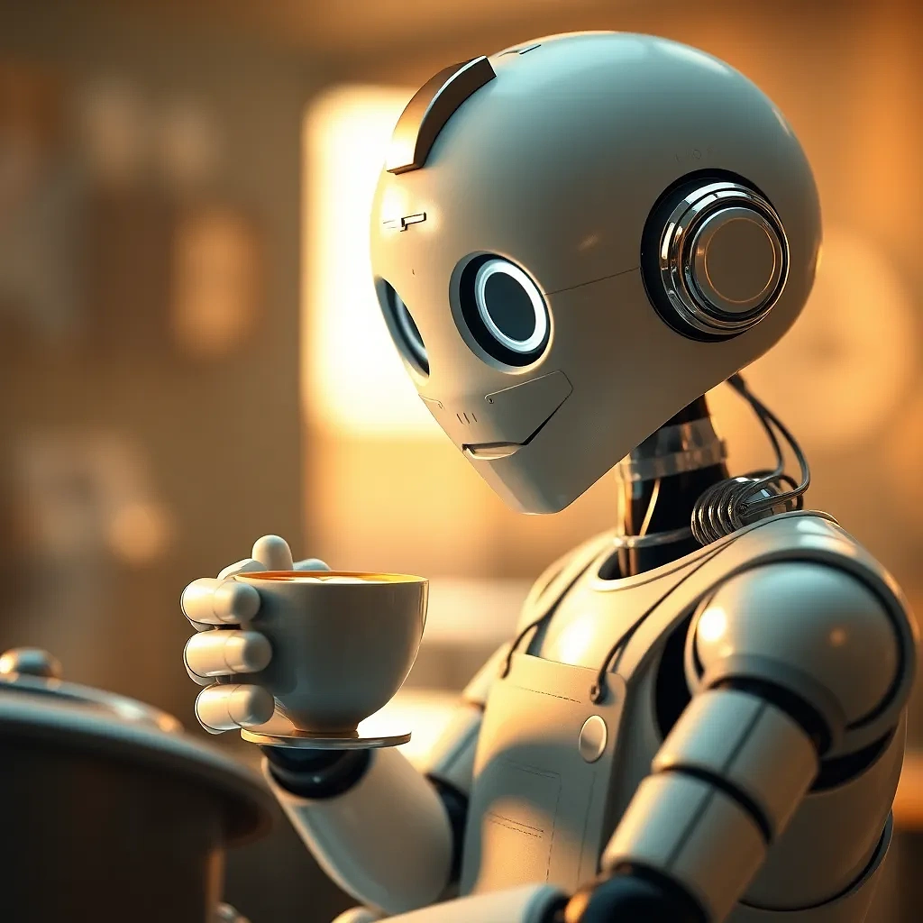 “Retro robot barista preparing latte art” – Pixar-style PBR textures, depth-of-field, soft keylight, cinematic pose