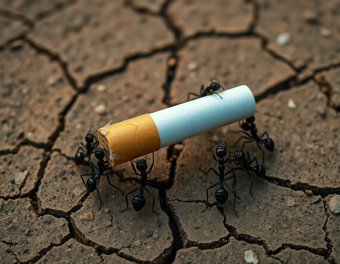 A full, unbroken cigarette being carried by two organized rows of black ants, each ant gripping the cigarette with legs, lifting it just slightly off the cracked dry earth, top-down macro photography, realistic textures and lighting, ants evenly spaced, clear sense of teamwork and tension, full cigarette centered in frame