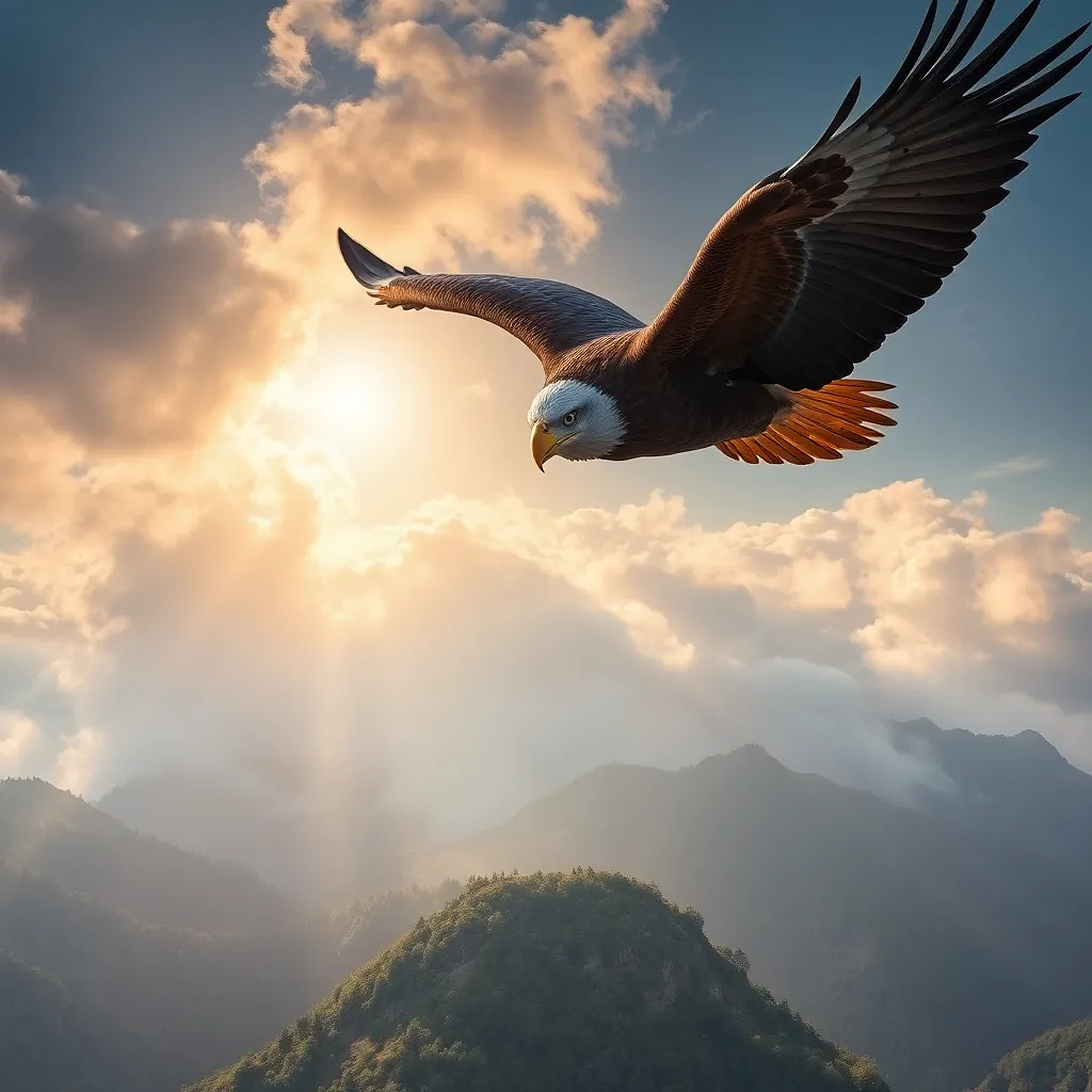 A powerful eagle soaring over misty mountain peaks, sunlight breaking through the clouds.
