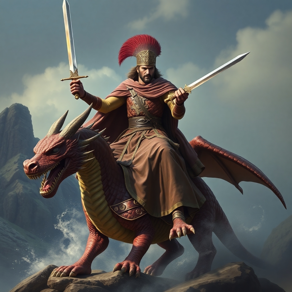 Ancient prince holding a sword and riding dragon, ultra realistic, medium shot