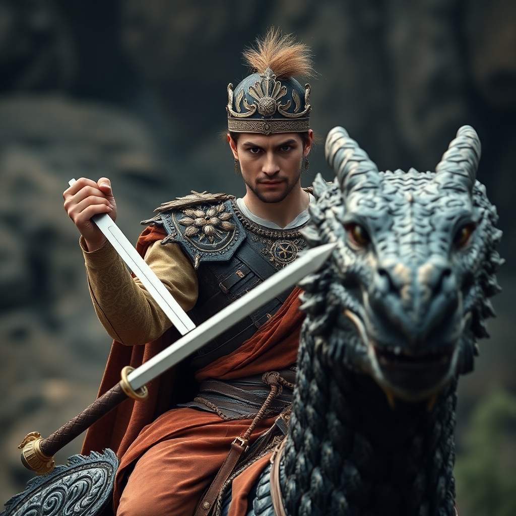Ancient prince holding a sword and riding dragon, ultra realistic, medium shot