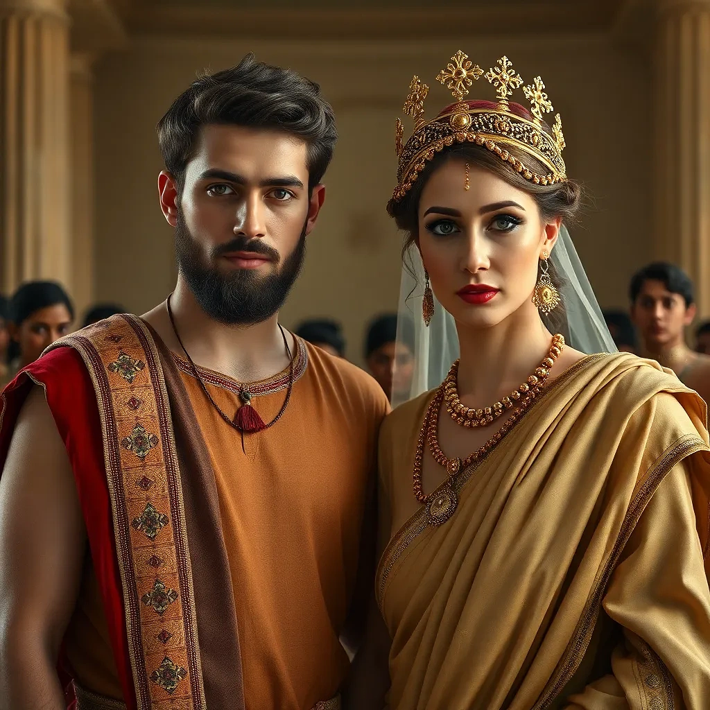 Marriage ceremony, married couple In ancient Roman religion, full background, stand up