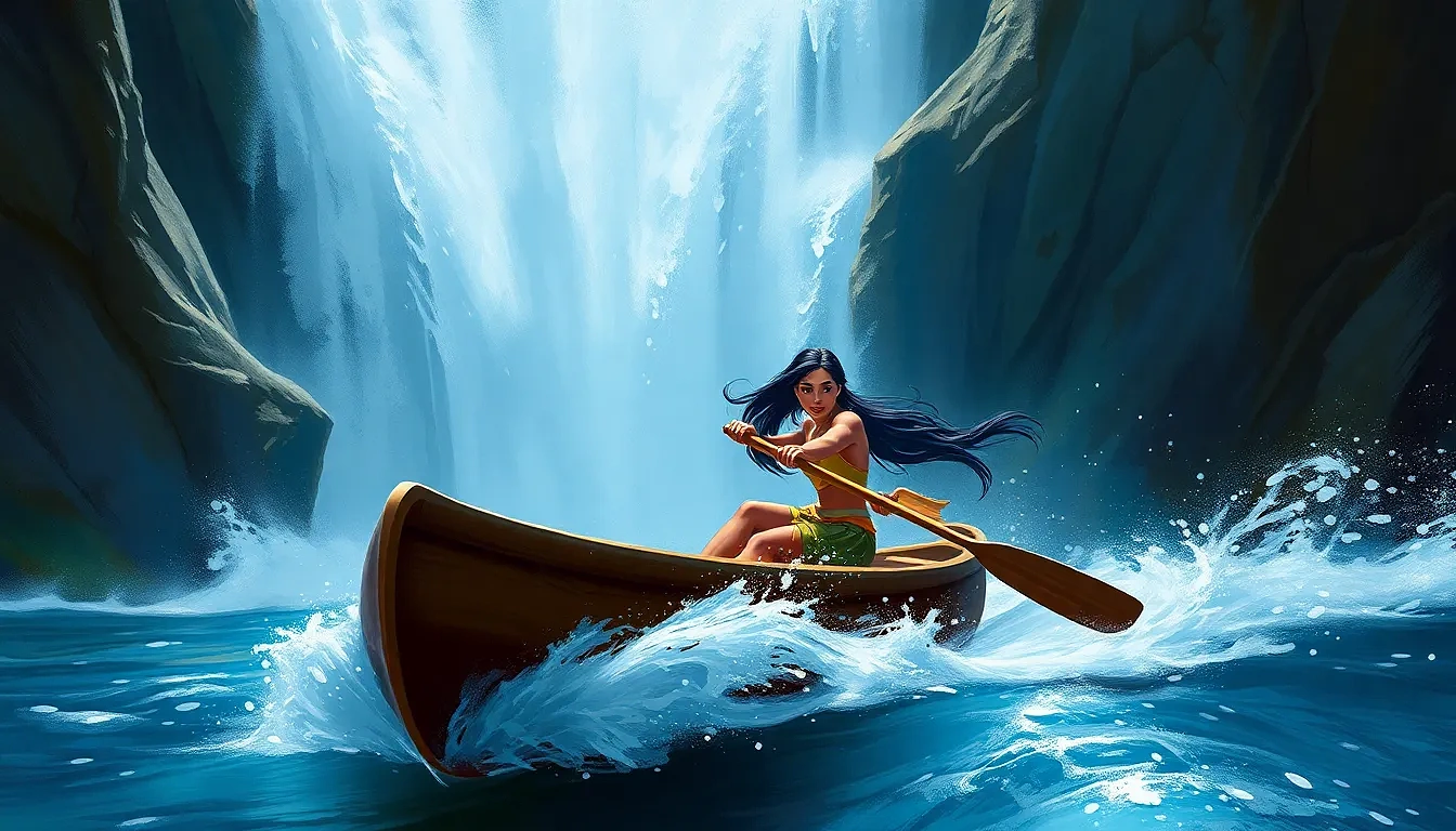 “Pocahontas racing a cascading waterfall in her canoe, wind ribbon streaming, splash detail, fearless exhilaration”