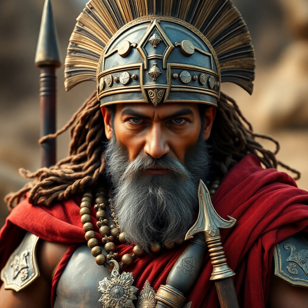 Full-body shot of a glorious worior from Babylon. He is strong, confident, weapons ultra-detailed, oil-painting, realistic colors.