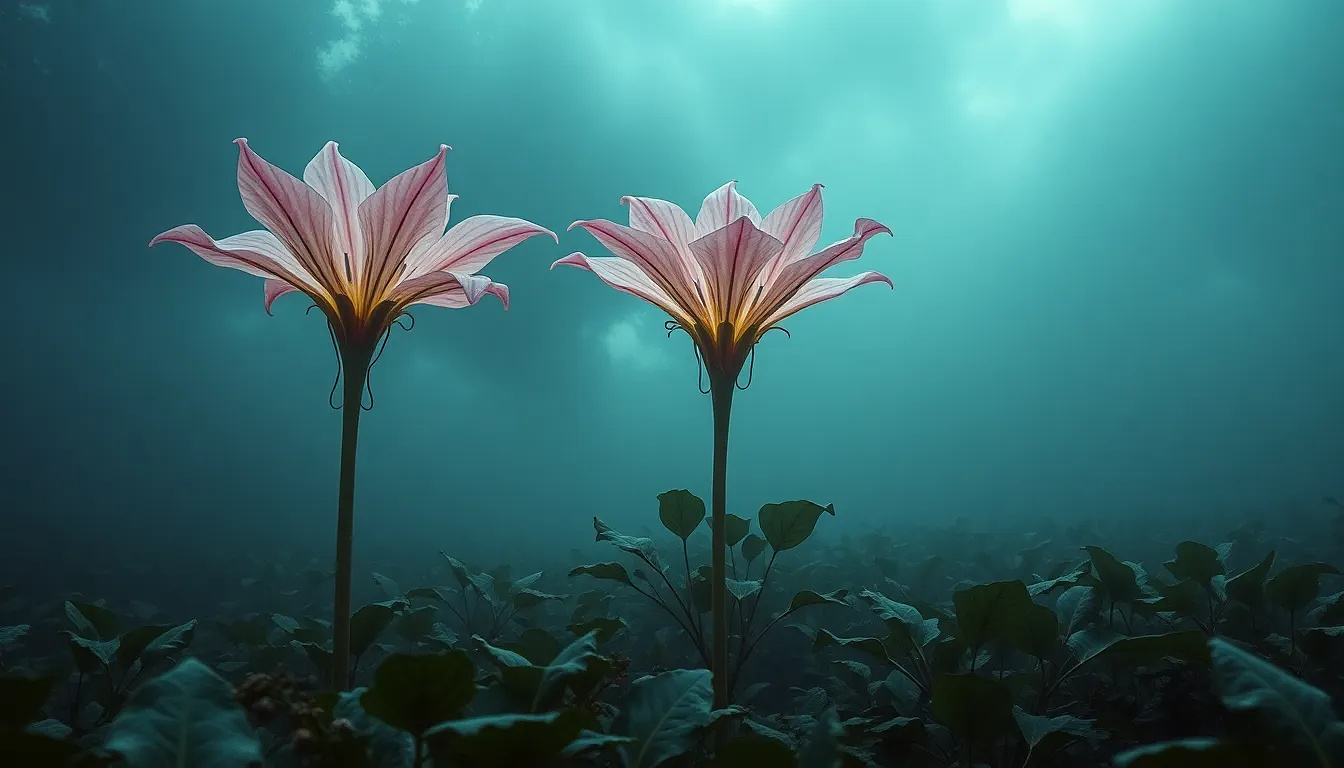 Giant carnivorous flowers with translucent petals that change color when touched, surrounded by mist in an extraterrestrial swamp.