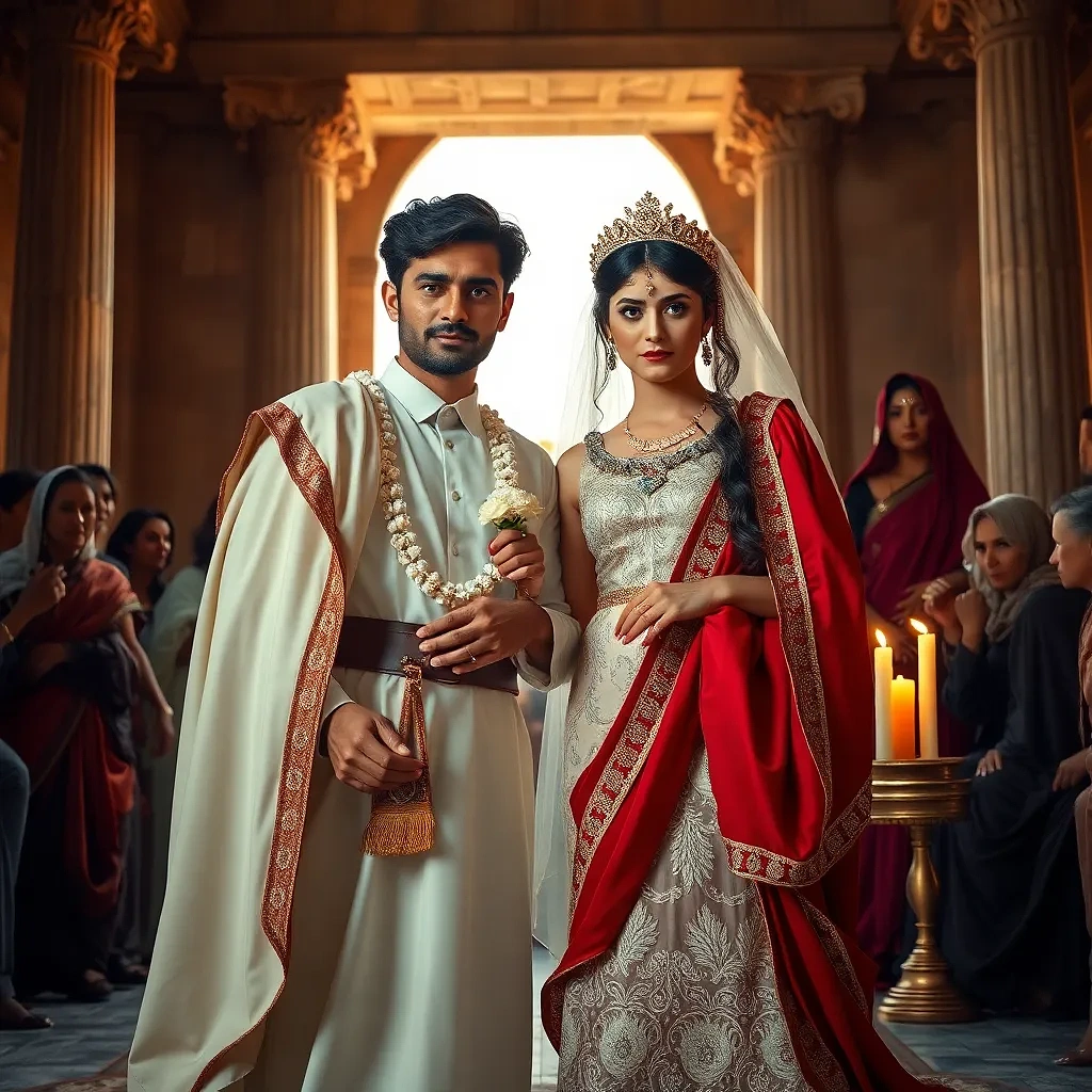 Marriage ceremony, married couple In ancient Roman religion, full background, feet in the image