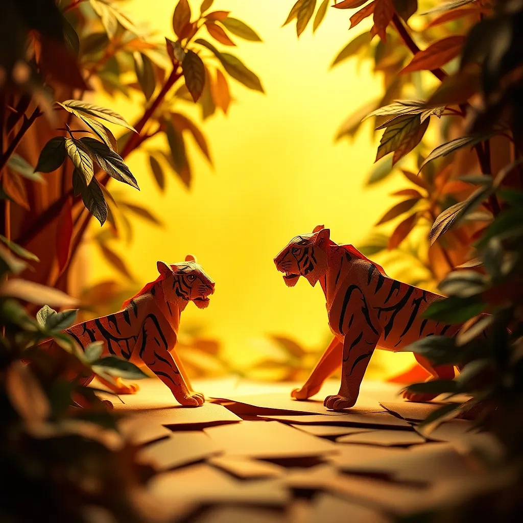 “Folded paper jungle with origami tigers” – subtle paper texture, studio tabletop lighting, shallow DOF