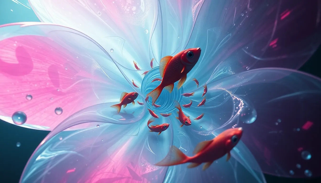 A giant transparent flower filled with swirling water and tiny fish, as if it’s an aquatic habitat, surreal fantasy art.