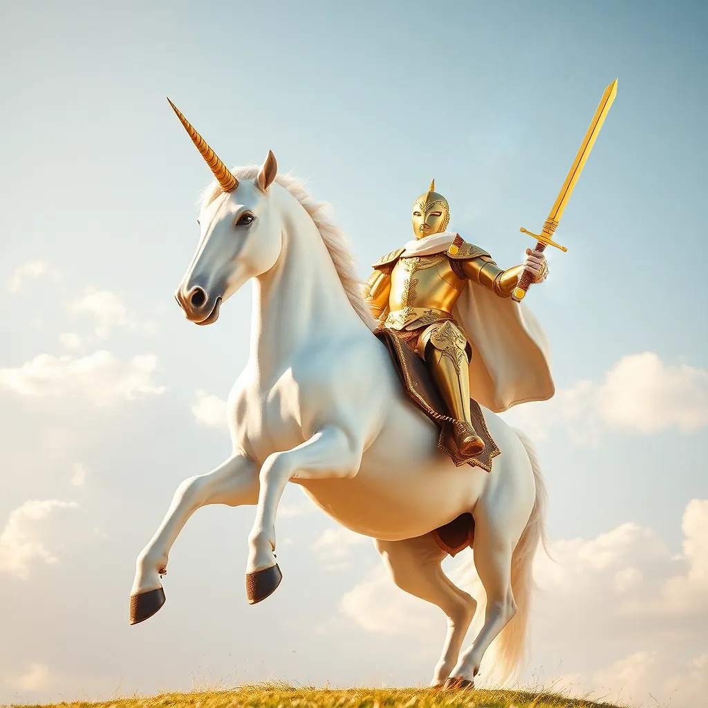 A knight in shining gold armor rides a magnificent white unicorn. The knight, positioned slightly to the right of center, is mid-stride, with a triumphant pose, holding a golden sword aloft. His armor is detailed, showcasing intricate patterns and gleaming surfaces. He wears a flowing, off-white cape that billows behind him. The unicorn is a pure white, with a large horn on its forehead. The horse is in a dynamic, rearing pose, with all four legs off the ground. The background features a pale blue sky dotted with soft, fluffy white clouds. Warm, golden light bathes the scene, creating a dramatic and heroic atmosphere. The image has a stylized, somewhat romanticized aesthetic, evoking a sense of fantasy and adventure. The perspective is slightly from below, emphasizing the height and grandeur of the scene. The composition is balanced, focusing attention on the knight and unicorn in the foreground against the sky. Shot from 15 feet