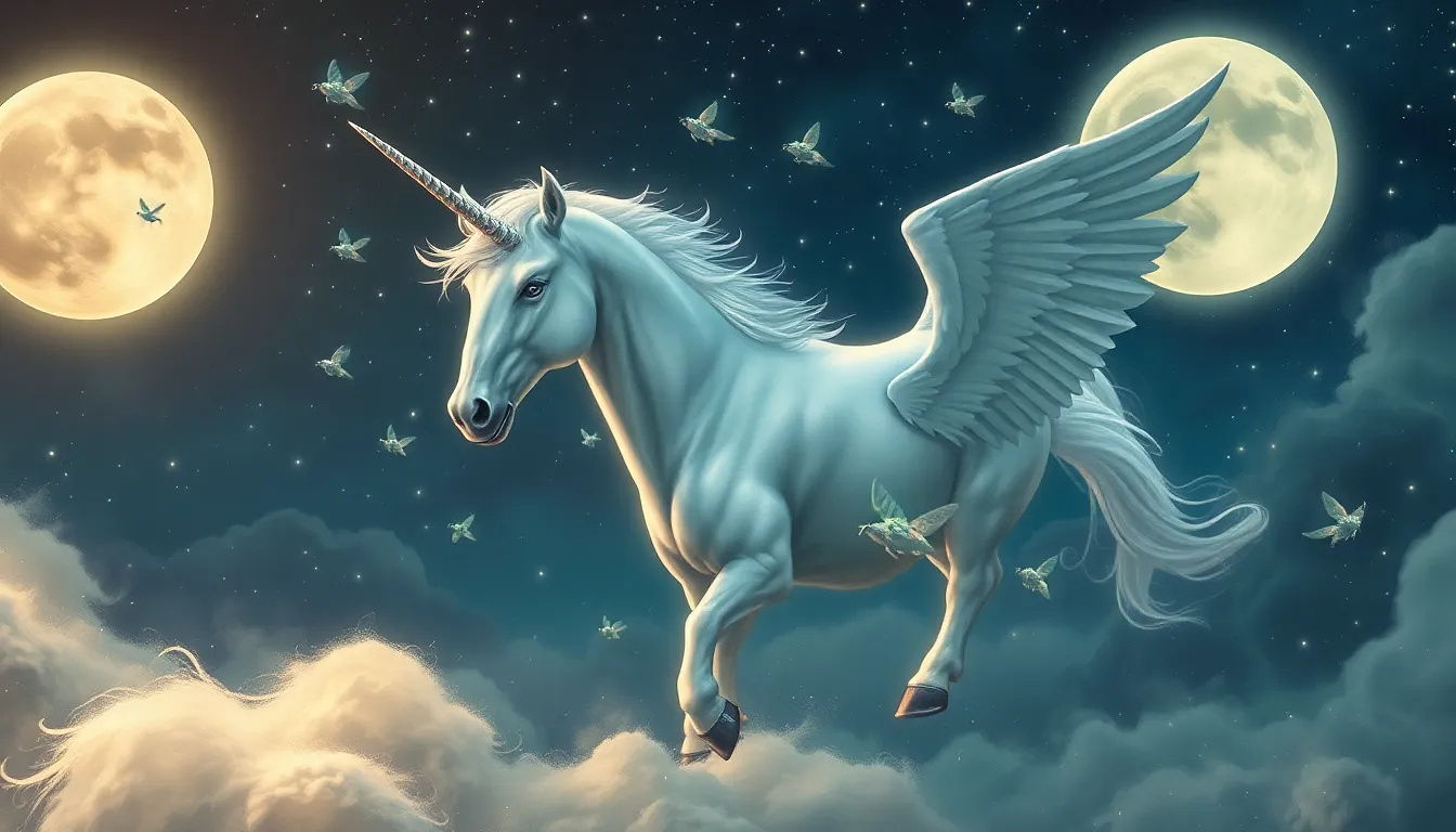 A white unicorn with flies in the sky on a moonlit night with twinkling stars.