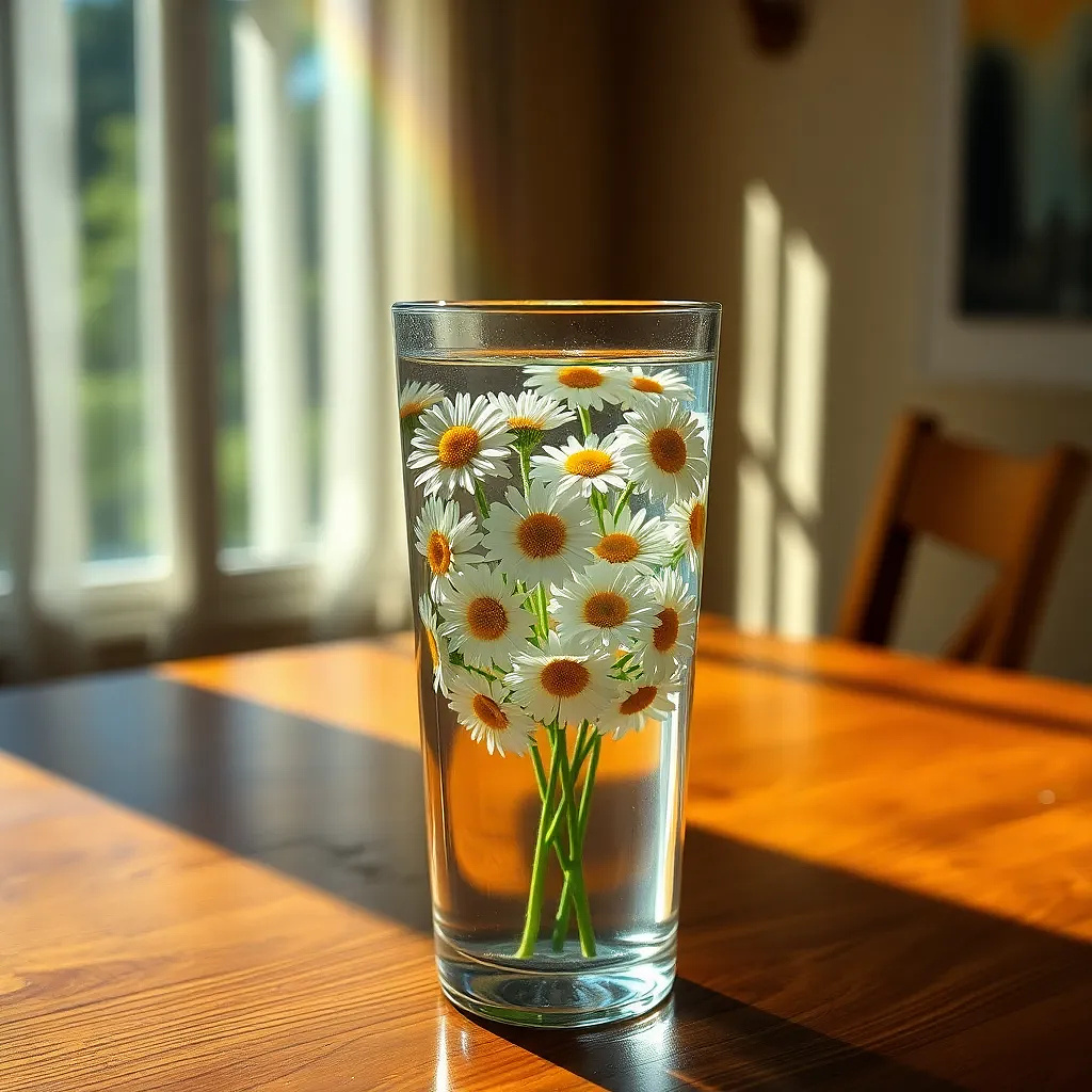 A glass vase filled with water and floating daisies, sunlight casting rainbow prisms on a wooden table, cozy and warm.