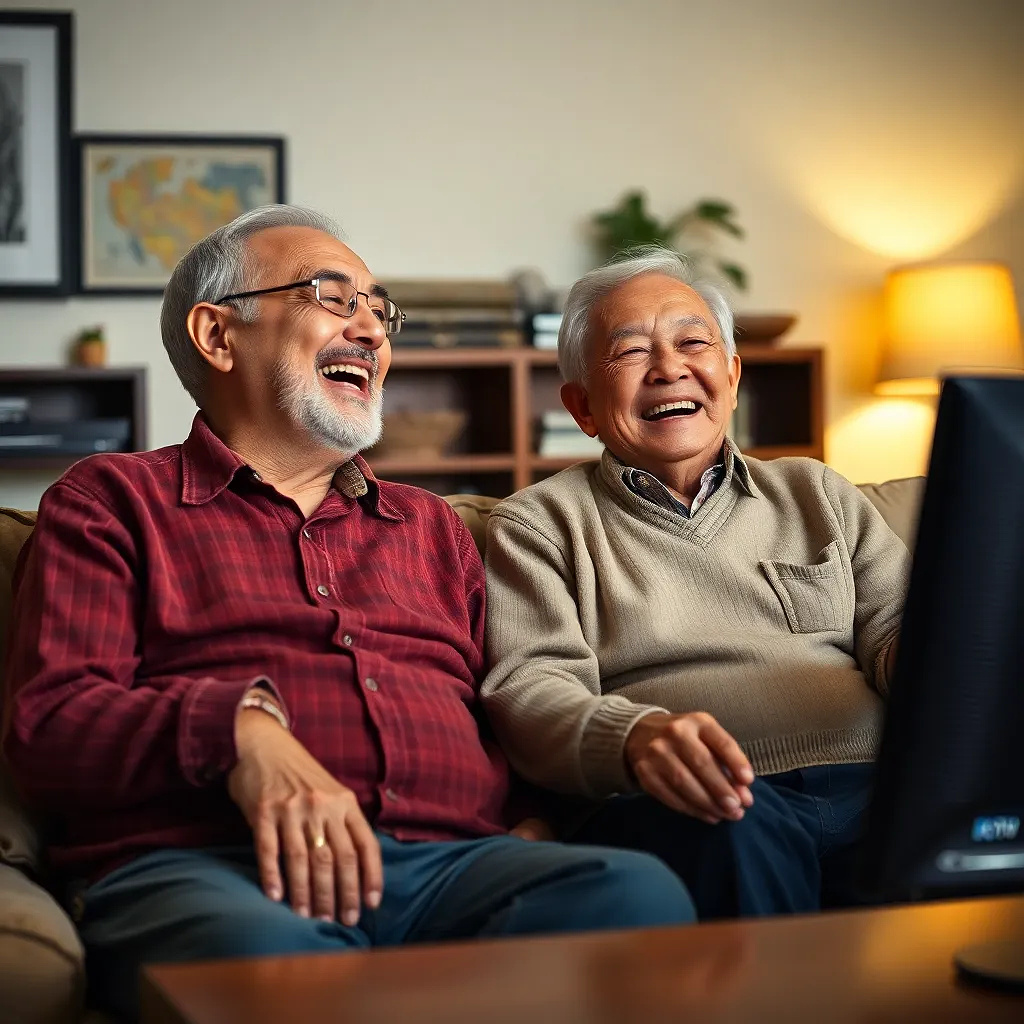 old couple laughing and watching tv
