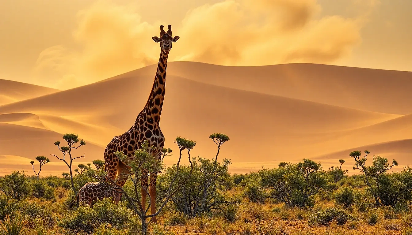 “Giraffes browsing umbrella acacias against vast Kalahari dunes, swirling dust catching sunbeams, 3:1 desert vista, photographic, panoramic view”