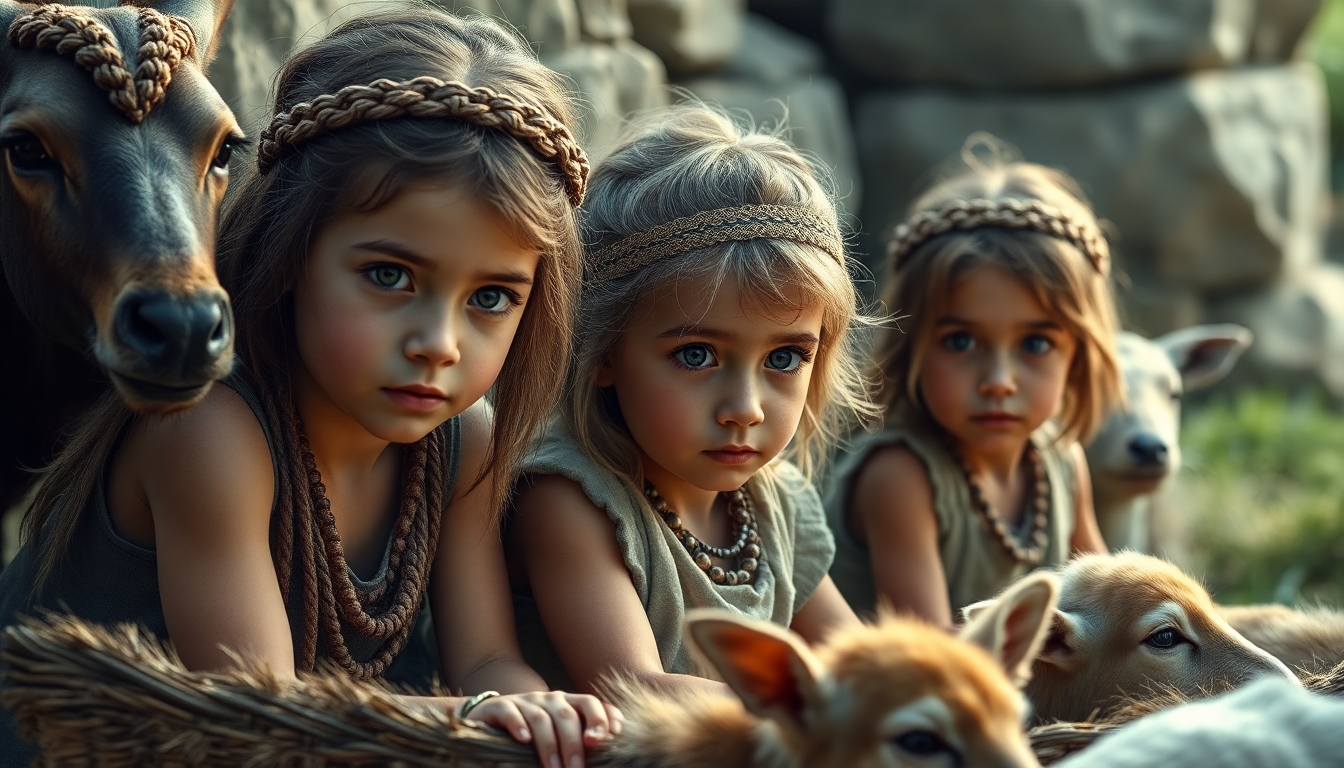 3 Little girls playing in the year 500 BC, realistic, domestic animals around the 3 girls