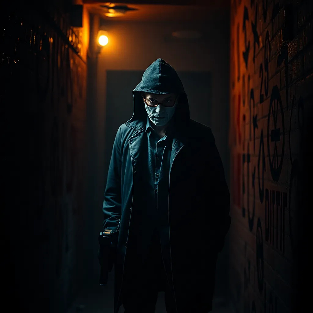 Detective entering a serial killer’s lair, flickering flashlight revealing bloody symbols on the walls, breath visible in the cold.