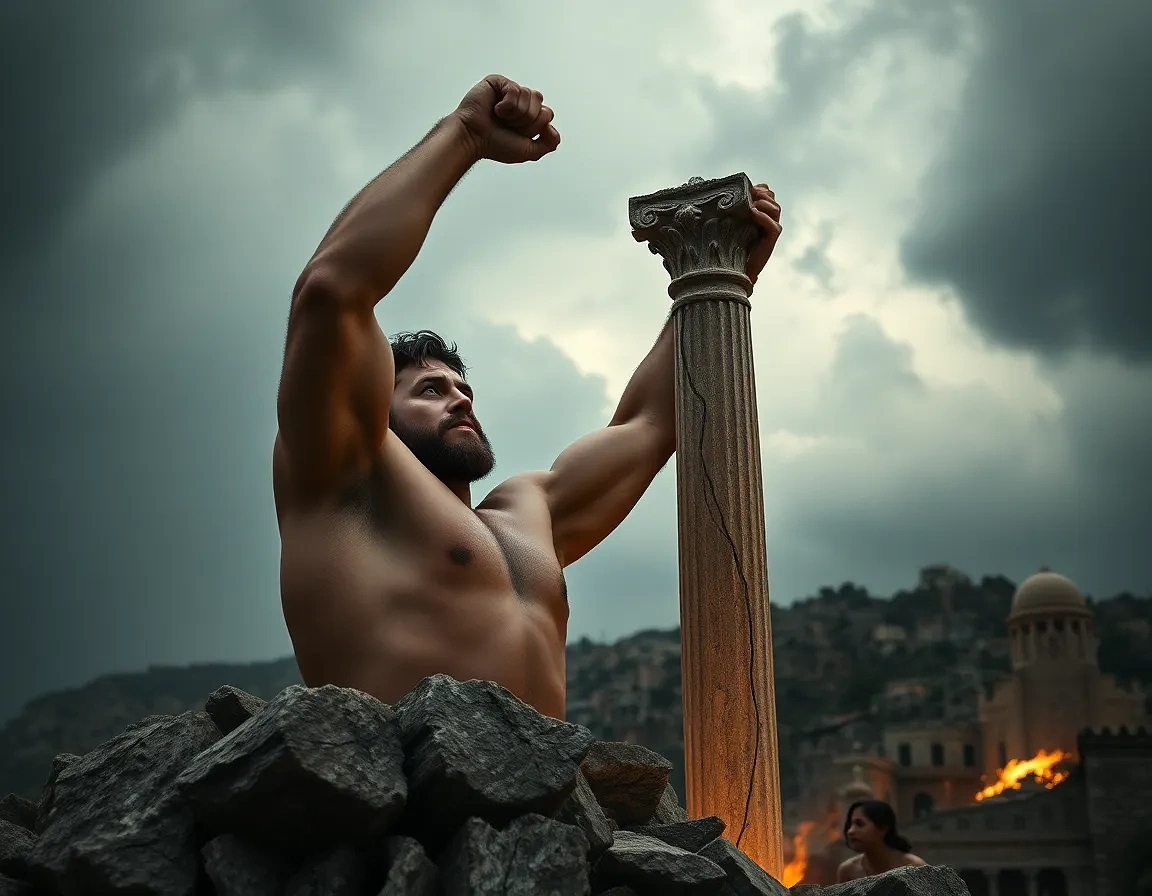 “Hercules lifting a crumbling marble column to save townsfolk, embers drifting, storm clouds above, raw heroic strength”