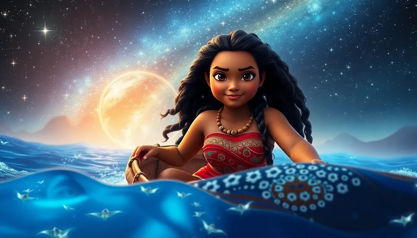 Moana steering her wayfinding raft through bioluminescent seas, manta rays beneath, sky blazing with stars, steadfast determination