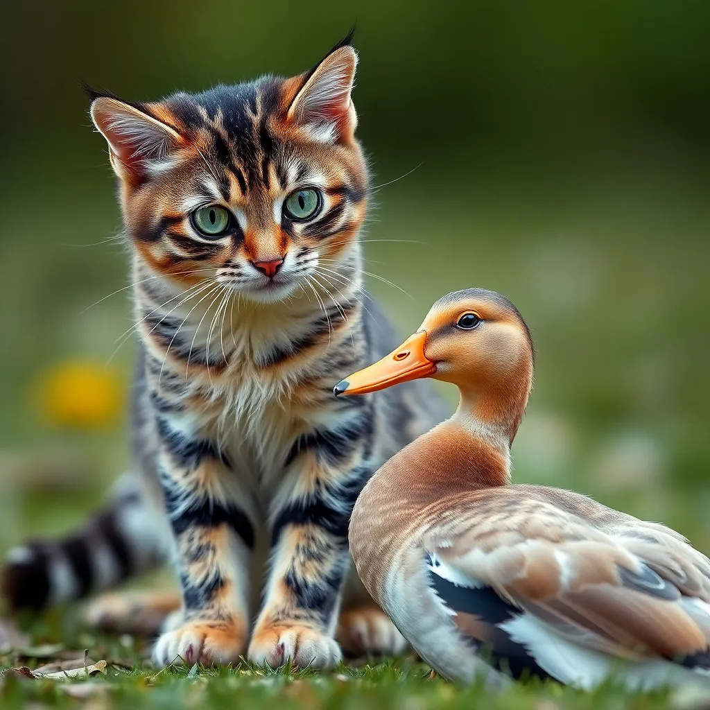 Beautiful cat playing with a DUCK