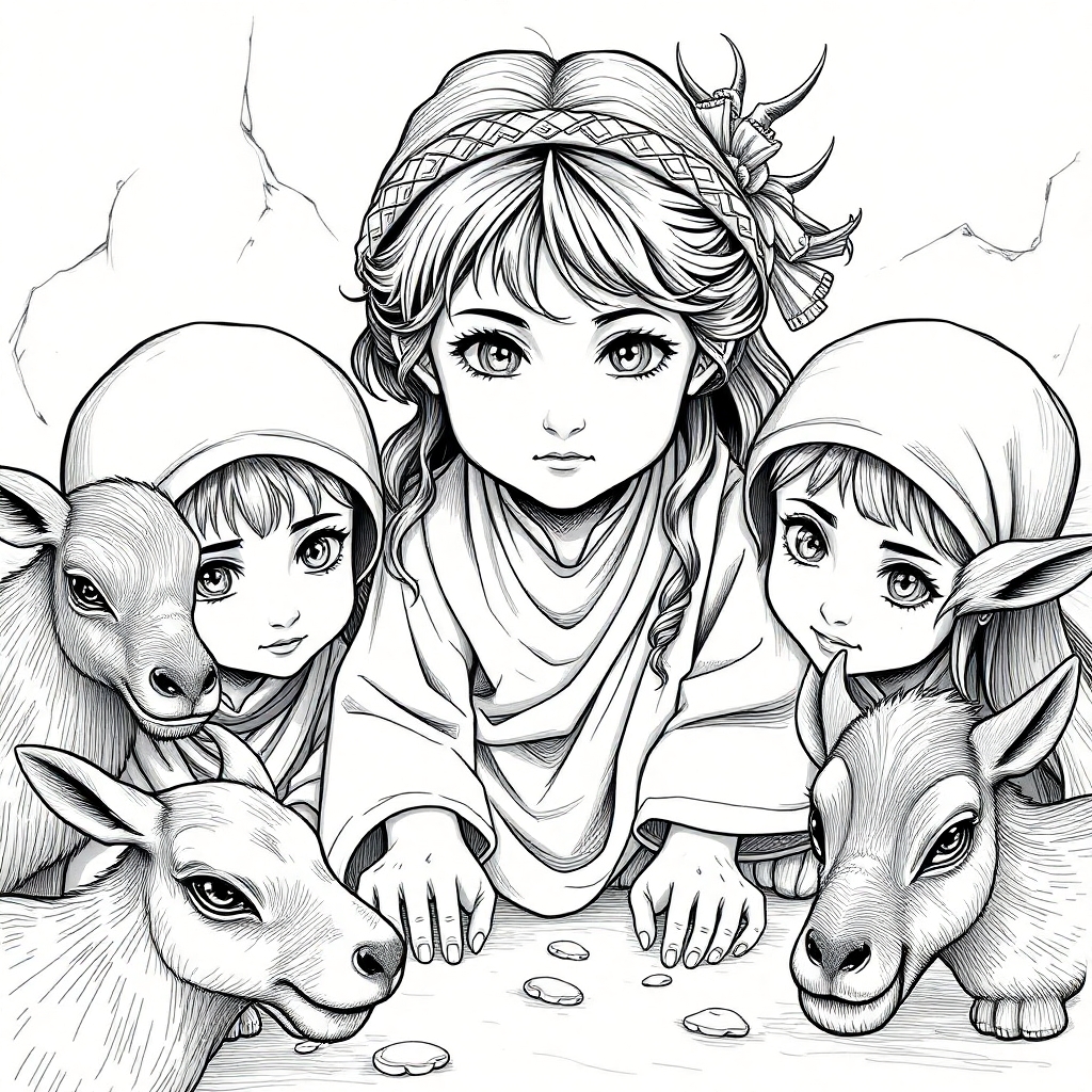 3 Little girls playing in the year 500 BC, realistic, domestic animals around the 3 girls