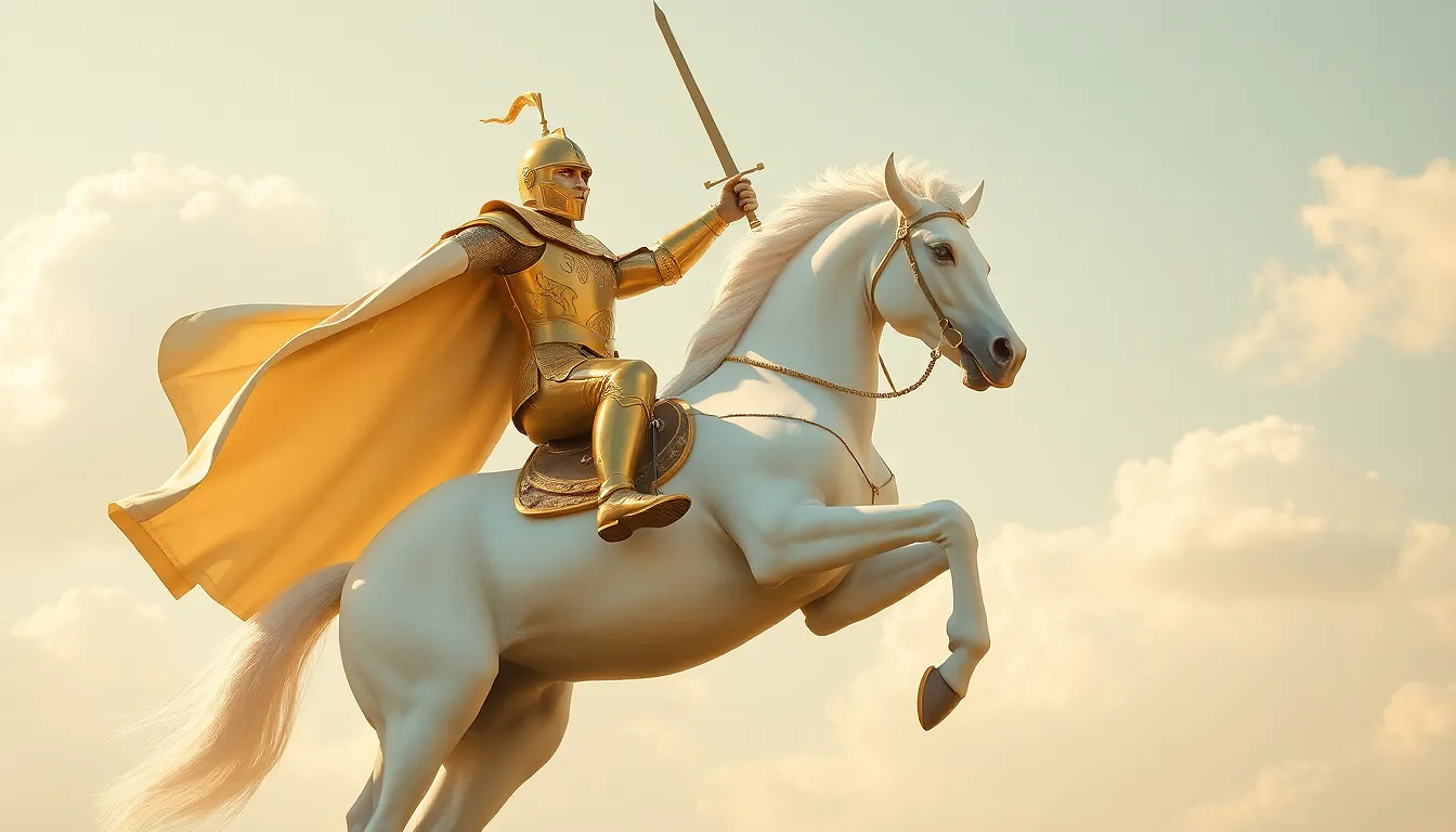 A knight in shining gold armor rides a magnificent white unicorn. The knight, positioned slightly to the right of center, is mid-stride, with a triumphant pose, holding a golden sword aloft.  His armor is detailed, showcasing intricate patterns and gleaming surfaces. He wears a flowing, off-white cape that billows behind him. The unicorn is a pure white, with a large horn on its forehead.  The horse is in a dynamic, rearing pose, with all four legs off the ground. The background features a pale blue sky dotted with soft, fluffy white clouds.  Warm, golden light bathes the scene, creating a dramatic and heroic atmosphere. The image has a stylized, somewhat romanticized aesthetic, evoking a sense of fantasy and adventure. The perspective is slightly from below, emphasizing the height and grandeur of the scene.  The composition is balanced, focusing attention on the knight and unicorn in the foreground against the sky. Shot from 25 feet, not cropped